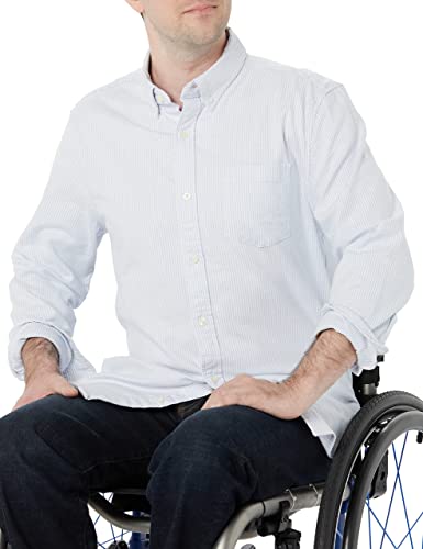 Amazon Essentials Herren Langarm-Hemd aus Stretch-Oxford mit normaler Passform und Tasche (erhältlich in Big & Tall), Puderblau Vertikale Streifen, XL von Amazon Essentials