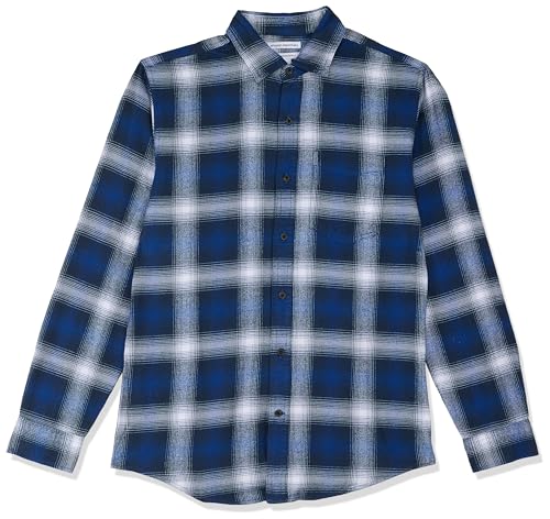 Amazon Essentials Herren Langarmhemd aus Flanell (in Übergröße erhältlich), Blau Weiß Großes Karo, L von Amazon Essentials