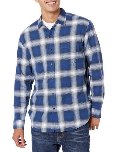 Amazon Essentials Herren Langarmhemd aus Flanell (in Übergröße erhältlich), Blau Weiß Großes Karo, S von Amazon Essentials