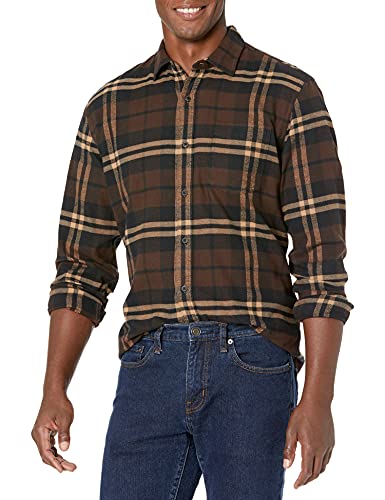 Amazon Essentials Herren Langarmhemd aus Flanell (in Übergröße erhältlich), Dunkelbraun Karomuster, XL von Amazon Essentials