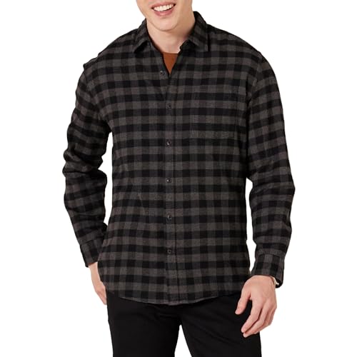Amazon Essentials Herren Langarmhemd aus Flanell (in Übergröße erhältlich), Dunkelgrau Buffalokaros, L von Amazon Essentials