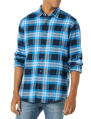 Amazon Essentials Herren Langarmhemd aus Flanell (in Übergröße erhältlich), Schwarz Blau Grau Tartan Plaid, S von Amazon Essentials