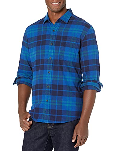 Amazon Essentials Herren Langarmhemd aus Flanell (in Übergröße erhältlich), Schwarz Blau Karomuster, XS von Amazon Essentials