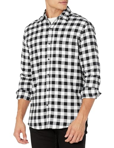 Amazon Essentials Herren Langarmhemd aus Flanell (in Übergröße erhältlich), Schwarz Buffalokaros, L von Amazon Essentials