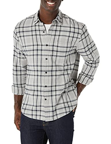 Amazon Essentials Herren Langarmhemd aus Flanell (in Übergröße erhältlich), Schwarz Hellgrau Karomuster, XL von Amazon Essentials