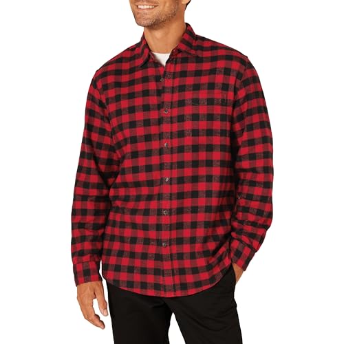 Amazon Essentials Herren Langarmhemd aus Flanell (in Übergröße erhältlich), Schwarz Rot Buffalokaros, XS von Amazon Essentials
