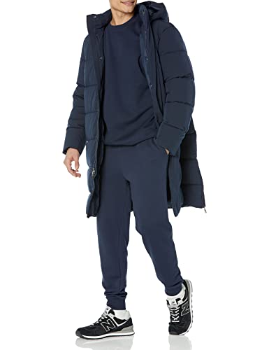 Amazon Essentials Herren Lange Pufferjacke aus recyceltem Polyester mit Kapuze, Marineblau, XS von Amazon Essentials