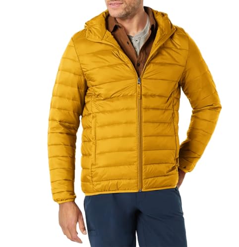 Amazon Essentials Herren Leichte, Wasserabweisende, verstaubare Kapuzenjacke, Karamell, M von Amazon Essentials