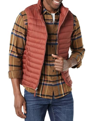 Amazon Essentials Herren Leichte, Wasserbeständige Pufferweste, Verstaubar, Erdrot, L von Amazon Essentials