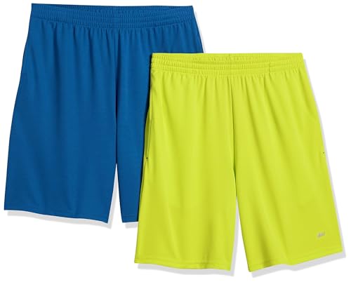 Amazon Essentials Herren Weit geschnittene Performance-Funktionsshorts (erhältlich in Big & Tall), 2er-Pack, Blau/Neon-hellgrün, XXL von Amazon Essentials