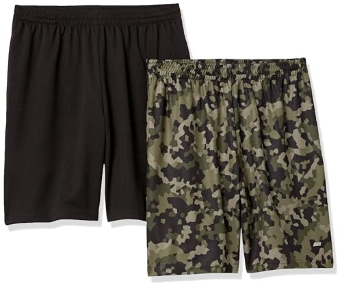 Amazon Essentials Herren Weit geschnittene Performance-Funktionsshorts (erhältlich in Big & Tall), 2er-Pack, Grün Geometrisches Tarnmuster/Schwarz, L von Amazon Essentials