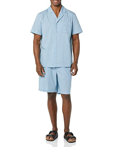 Amazon Essentials Herren Leichtes, Gewebtes Kurzes Loungewear-Pyjama-Set Mit Gekerbtem Kragen Und Knopf, Blau Geometrisches Muster, L von Amazon Essentials