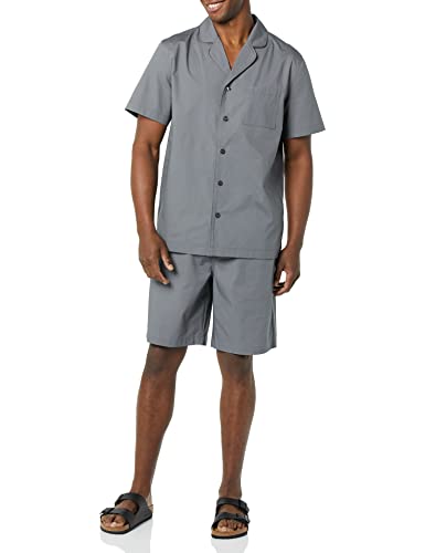 Amazon Essentials Herren Leichtes, Gewebtes Kurzes Loungewear-Pyjama-Set Mit Gekerbtem Kragen Und Knopf, Dunkelgrau, L von Amazon Essentials