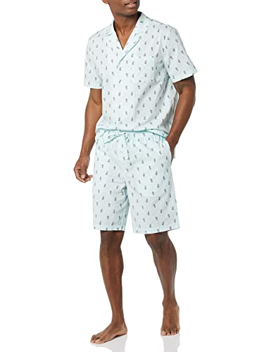 Amazon Essentials Herren Leichtes, Gewebtes Kurzes Loungewear-Pyjama-Set Mit Gekerbtem Kragen Und Knopf, Hellblau Weiß Ananas, L von Amazon Essentials
