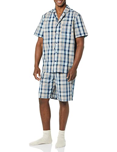 Amazon Essentials Herren Leichtes, Gewebtes Kurzes Loungewear-Pyjama-Set Mit Gekerbtem Kragen Und Knopf, Marineblau Taupe Madras Plaid, XL von Amazon Essentials