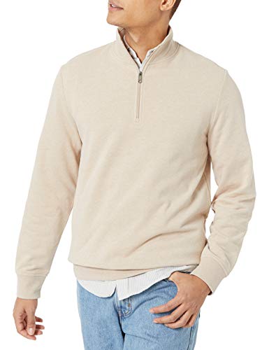 Amazon Essentials Herren Leichtes French-Terry-Sweatshirt mit Viertelreißverschluss, Haferbeige Meliert, S von Amazon Essentials