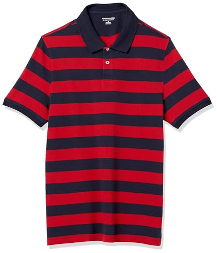 Amazon Essentials Herren Piqué-Poloshirt aus Baumwolle, Schmale Passform, Marineblau Rot Rugby-Streifen, XL von Amazon Essentials