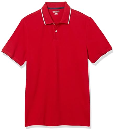 Amazon Essentials Herren Piqué-Poloshirt aus Baumwolle, Schmale Passform, Rot/Marineblau/Weiß, XL von Amazon Essentials