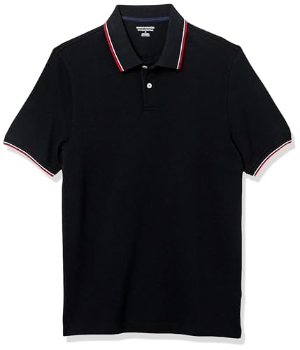 Amazon Essentials Herren Piqué-Poloshirt aus Baumwolle, Schmale Passform, Schwarz/Weiß/Rot, S von Amazon Essentials