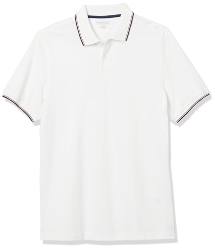 Amazon Essentials Herren Piqué-Poloshirt aus Baumwolle, Schmale Passform, Weiß/Rot/Marineblau, XS von Amazon Essentials