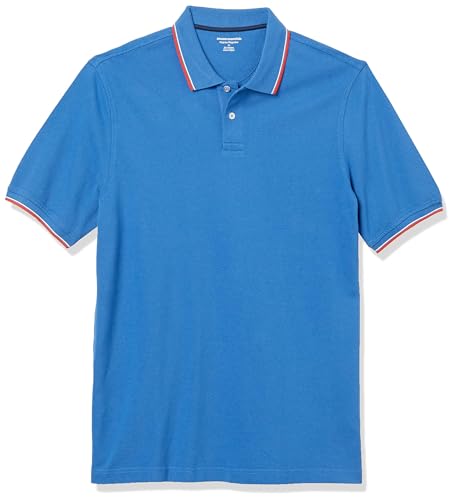 Amazon Essentials Herren Polohemd aus Baumwollpiqué in normaler Passform (erhältlich in Übergrößen), Blau Rot Weiß Streifen, XXL von Amazon Essentials