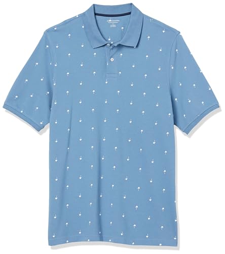 Amazon Essentials Herren Polohemd aus Baumwollpiqué in normaler Passform (erhältlich in Übergrößen), Blau Weiß Palmenaufdruck, L von Amazon Essentials