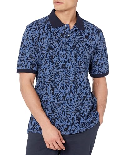 Amazon Essentials Herren Polohemd aus Baumwollpiqué in normaler Passform (erhältlich in Übergrößen), Indigo Palmwedelaufdruck, XS von Amazon Essentials