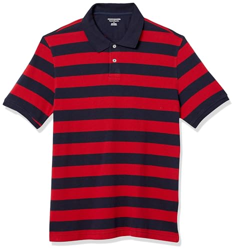 Amazon Essentials Herren Polohemd aus Baumwollpiqué in normaler Passform (erhältlich in Übergrößen), Marineblau Rot Rugby-Streifen, M von Amazon Essentials