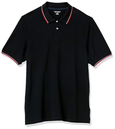 Amazon Essentials Herren Polohemd aus Baumwollpiqué in normaler Passform (erhältlich in Übergrößen), Schwarz Rot Weiß Thin Stripe, XL von Amazon Essentials