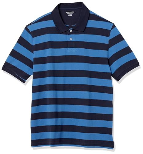 Amazon Essentials Herren Polohemd aus Baumwollpiqué in normaler Passform (erhältlich in Übergrößen), Schwarz Blau Streifen, XXL von Amazon Essentials