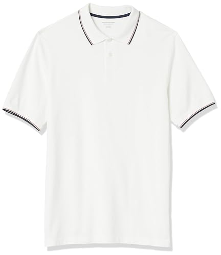 Amazon Essentials Herren Polohemd mit normaler Passform aus Baumwollpiqué (erhältlich in Big & Tall), Weiß/Rot/Marineblau, L von Amazon Essentials