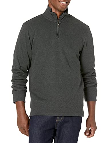 Amazon Essentials Herren Pullover mit Viertelreißverschluss, Französischer Rippstrick, Dunkelgrau Meliert, XS von Amazon Essentials