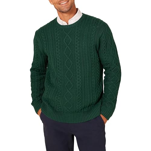 Amazon Essentials Herren Pullover mit Langen Ärmeln und Rundhalsausschnitt aus 100% Baumwolle mit Zopfmuster, Dunkelgrün, XS von Amazon Essentials