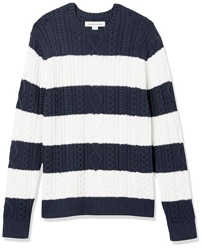 Amazon Essentials Herren Pullover mit Langen Ärmeln und Rundhalsausschnitt aus 100% Baumwolle mit Zopfmuster, Marineblau Weiß Rugby-Streifen, L von Amazon Essentials