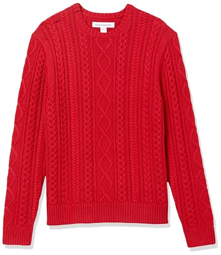 Amazon Essentials Herren Pullover mit Langen Ärmeln und Rundhalsausschnitt aus 100% Baumwolle mit Zopfmuster, Rot, L von Amazon Essentials