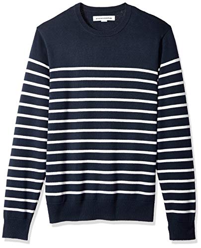 Amazon Essentials Herren Langärmliger Pullover Mit Rundhalsausschnitt, 100% Baumwolle, Erhältlich In Groß Und Schwer, Dunkles Marineblau Weiß Streifen, XXL von Amazon Essentials
