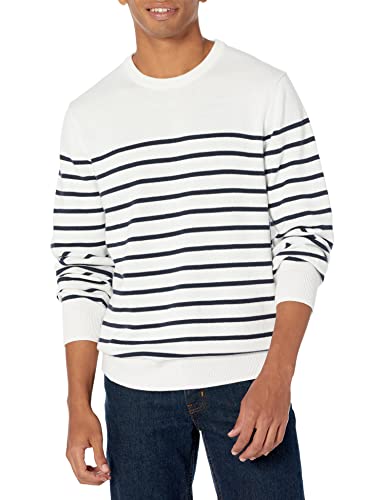 Amazon Essentials Herren Langärmliger Pullover Mit Rundhalsausschnitt, 100% Baumwolle, Erhältlich In Groß Und Schwer, Marineblau Weiß Platzierter Streifen, XS von Amazon Essentials