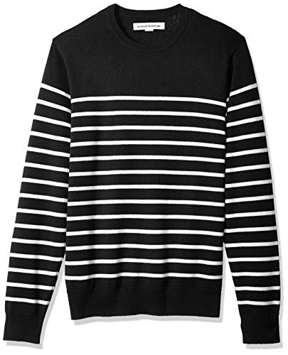 Amazon Essentials Herren Langärmliger Pullover Mit Rundhalsausschnitt, 100% Baumwolle, Erhältlich In Groß Und Schwer, Schwarz Weiß Platzierter Streifen, M von Amazon Essentials