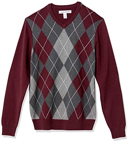 Amazon Essentials Herren Pullover mit V-Ausschnitt (in Übergröße erhältlich), Burgunderrot Grau Rauten, XS von Amazon Essentials