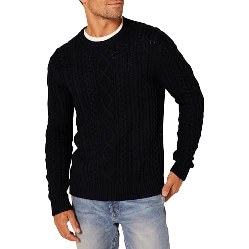 Amazon Essentials Herren Pullover mit Langen Ärmeln und Rundhalsausschnitt aus 100% Baumwolle mit Zopfmuster, Schwarz, XL von Amazon Essentials