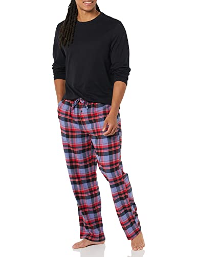 Amazon Essentials Herren Flanellhose und langärmeliges T-Shirt als Pyjama-Set, Blau Gemischter Tartan/Schwarz, XL von Amazon Essentials