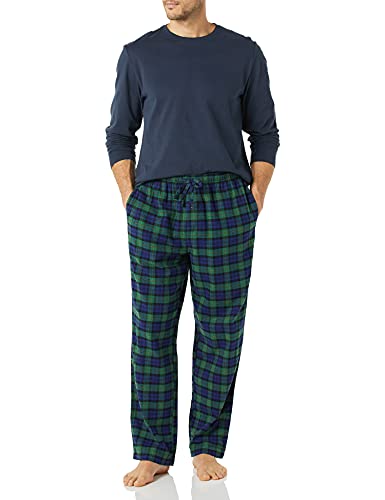Amazon Essentials Herren Flanellhose und langärmeliges T-Shirt als Pyjama-Set, Marineblau/Schottenkaros, XL von Amazon Essentials