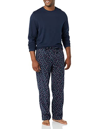 Amazon Essentials Herren Flanellhose und langärmeliges T-Shirt als Pyjama-Set, Marineblau Paisley, L von Amazon Essentials
