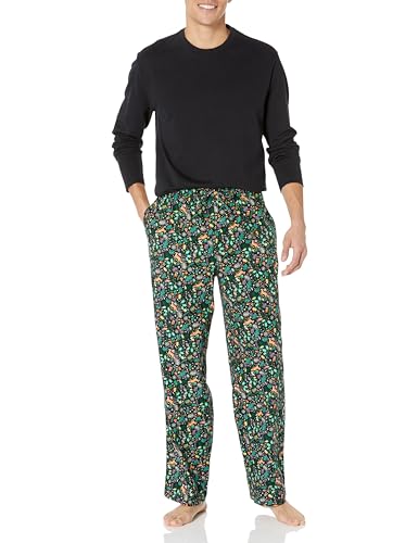 Amazon Essentials Herren Flanellhose und langärmeliges T-Shirt als Pyjama-Set, Schwarz Folklorisch, 5XL Große Größen von Amazon Essentials