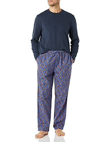 Amazon Essentials Herren Flanellhose und langärmeliges T-Shirt als Pyjama-Set, Marineblau Eichhörnchen, XS von Amazon Essentials