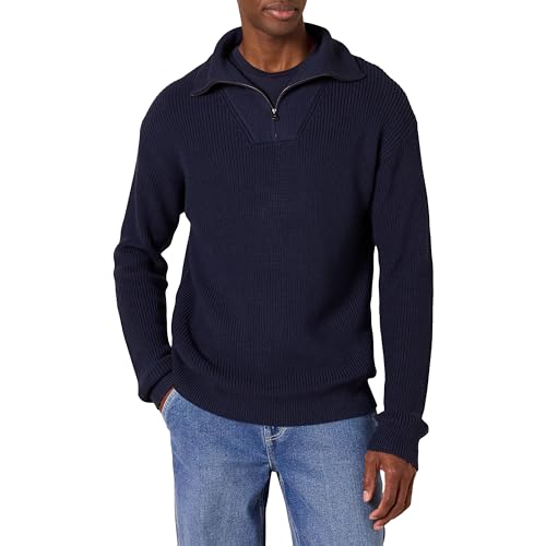 Amazon Essentials Herren Rippstrickpullover mit Viertel-Reißverschluss und lockerer Passform, Marineblau, XL von Amazon Essentials