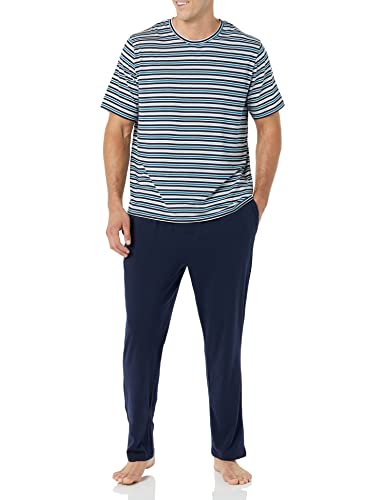 Amazon Essentials Herren Schlafanzug-Set Aus Baumwoll-Modal, T-Shirt Und Lange Hose, Schwarz Marineblau Gemischter Streifen, 3XL von Amazon Essentials