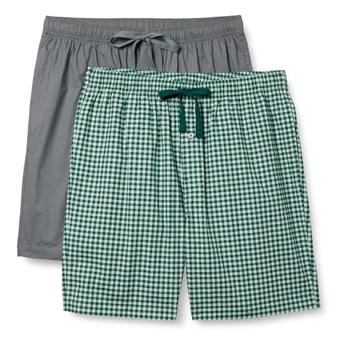 Amazon Essentials Herren Schlafanzug-Shorts aus Baumwollpopeline, 2er-Pack, Dunkelgrau/Vichy-Muster, XXS von Amazon Essentials