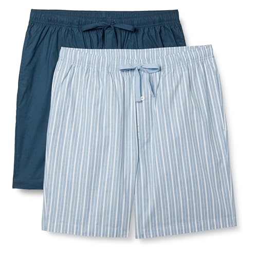 Amazon Essentials Herren Schlafanzug-Shorts aus Baumwollpopeline, 2er-Pack, Indigo/Streifen, XS von Amazon Essentials