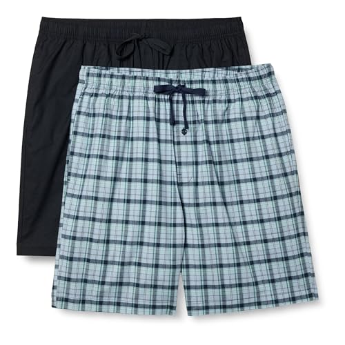 Amazon Essentials Herren Pyjama-Shorts aus Baumwoll-Stretch-Popeline, 2er-Pack, Karomuster/Schwarz, XXS von Amazon Essentials